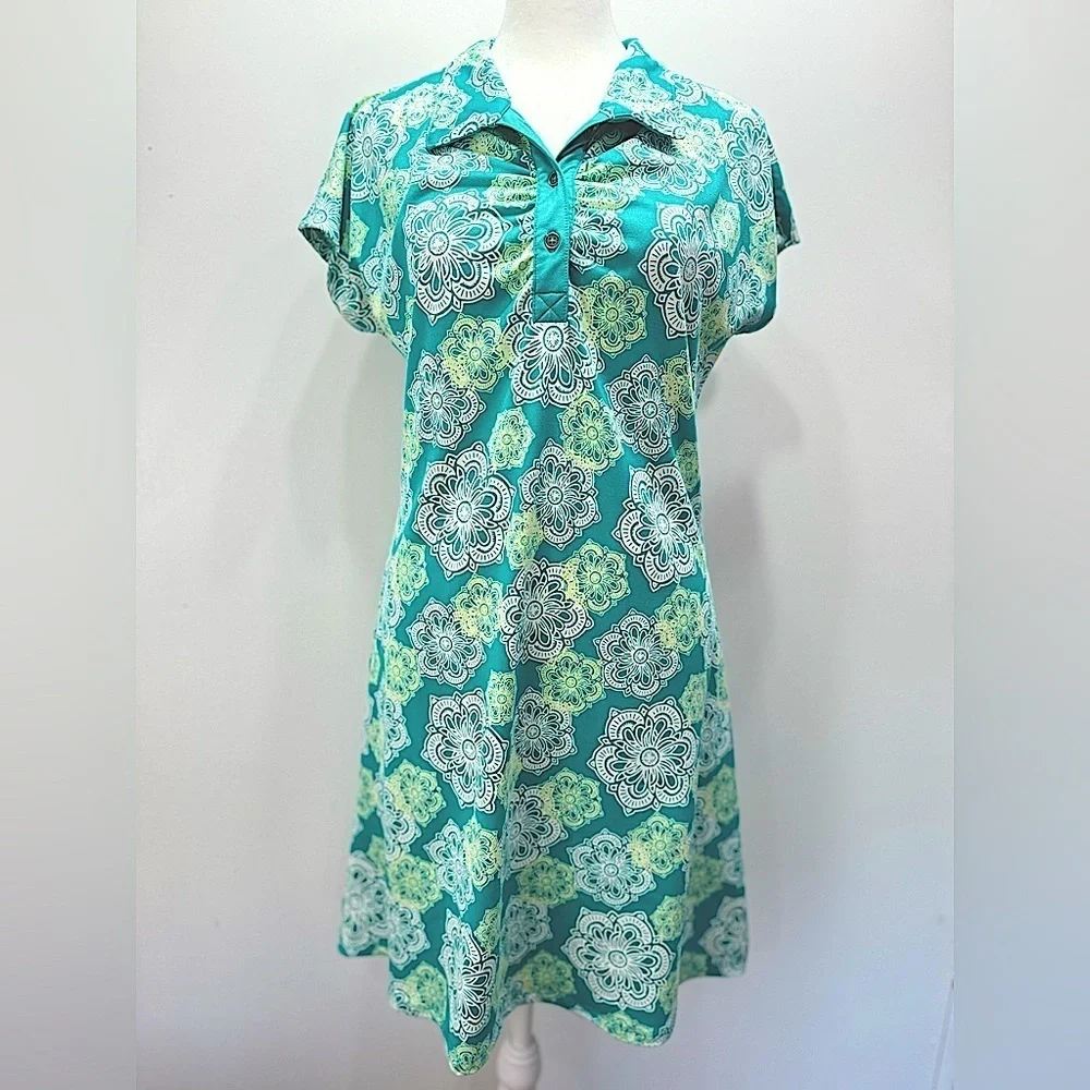 Lola Teal & Ivory Collared Golf Shirt Dress Dolman Cap Sleeves Size Medium